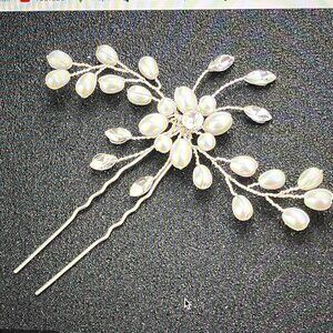 Bridal Hair Pin Accessory, Imitation, Crystal CZ Spray, Silver & White